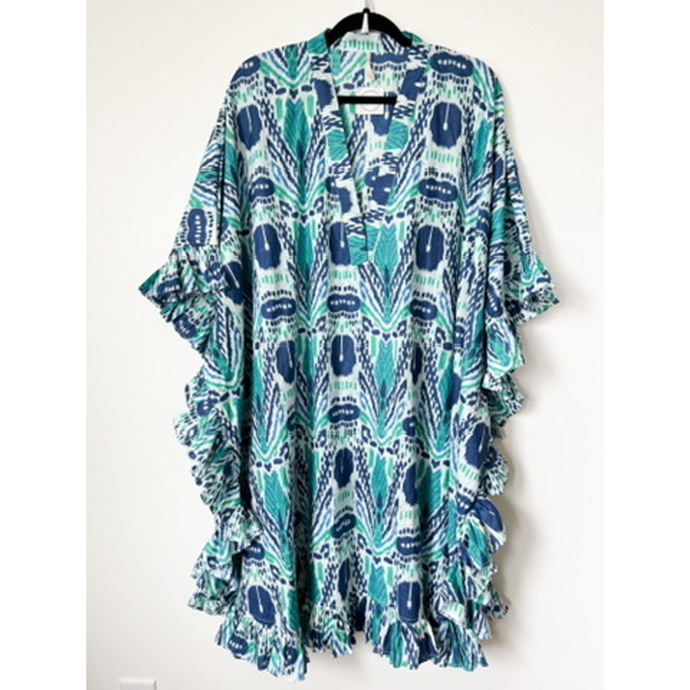 Samiti Oversize Beach Coverup Dress Ikat Turquoise Navy Deep V Ruffle Resortwear